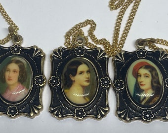 Vintage Portrait Pendant on 18 inch gilt chain New old stock 1980&#39;s