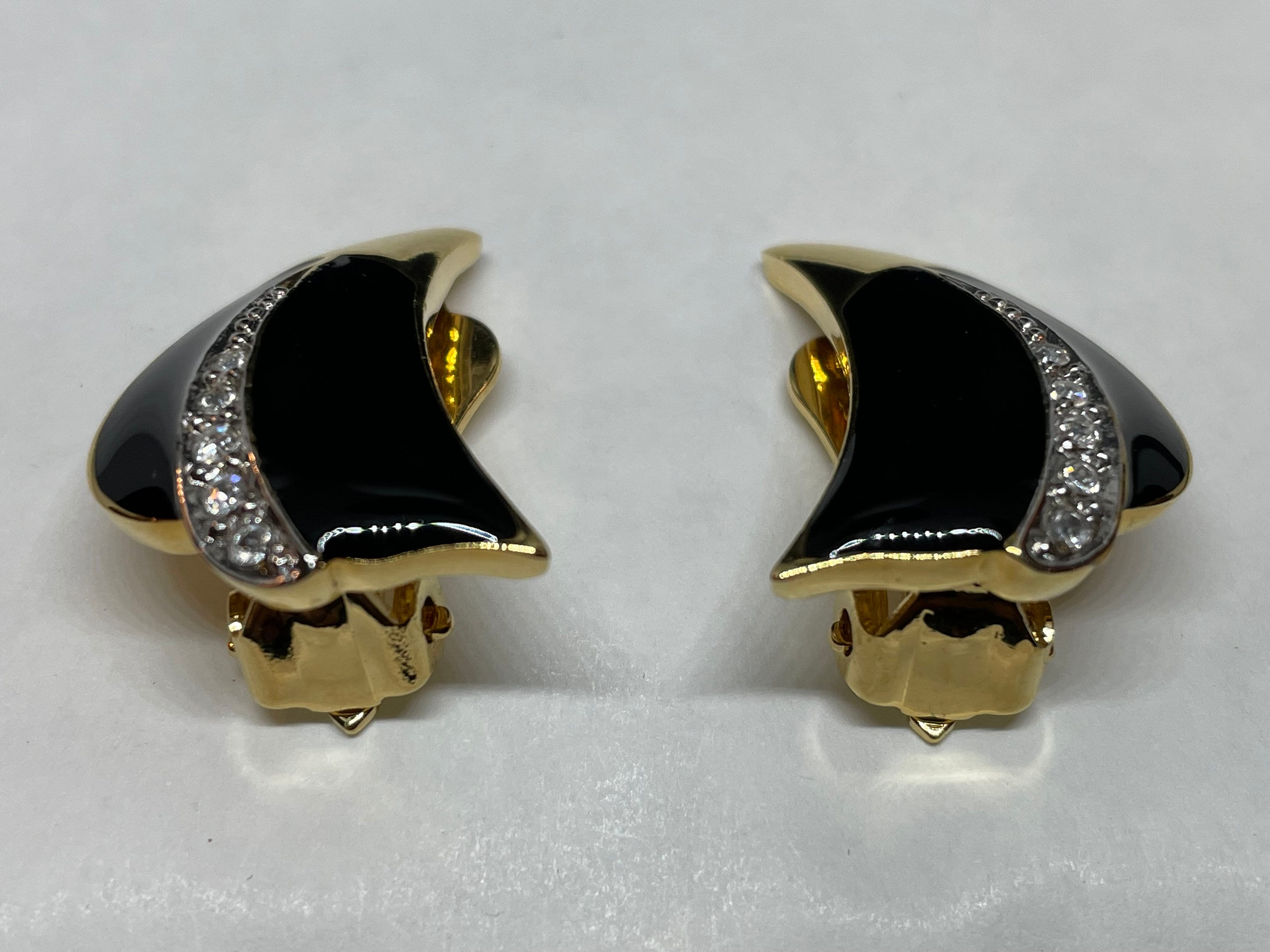 Boucles D'oreilles Vintage Clips - 'Western Germany', Perles De Verre Noires Sur Laiton - Occasion