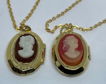 Vintage 1970's Brass Cameo Locket on 18 inch chain New old stock