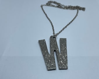 Vintage Initial Pendant Letter W Bark Finished on a 30 inch chain silver tone