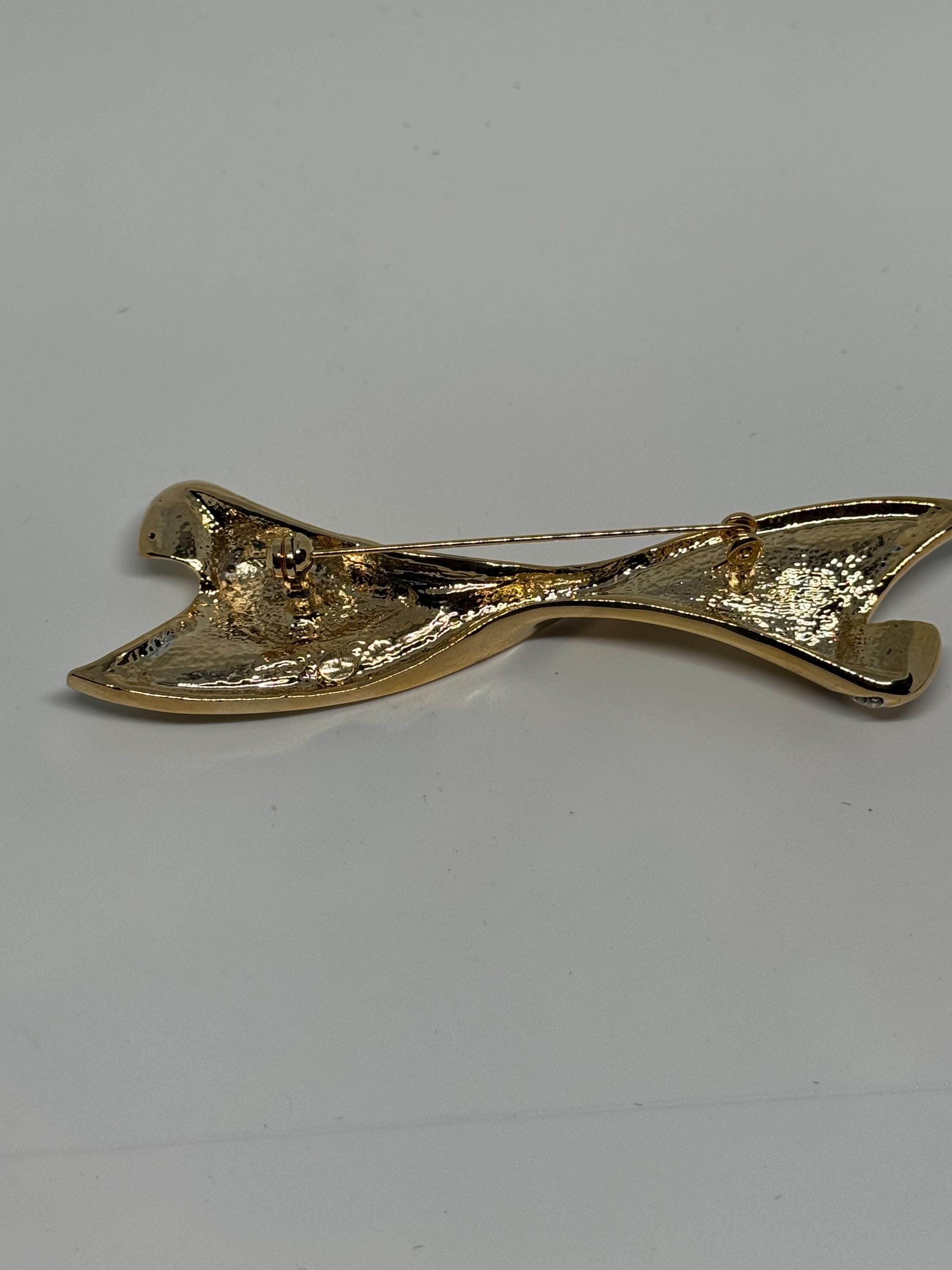 Broche Vintage Années 80 Plaquée Or Avec Strass Noir - Occasion, Style Ancien