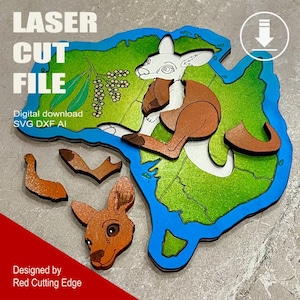 Kangourou australien en bois découpé au laser avec casse-tête Wattle SVG DXF AI en option