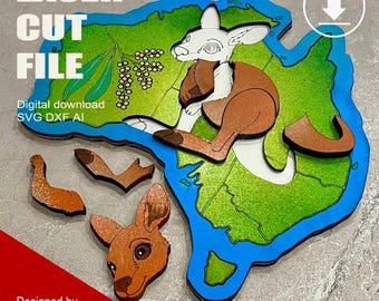 Laser Cut Wooden Kangaroo Australia with optional Wattle Puzzle SVG DXF AI