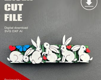 Laser Cut Wooden Easter Hair Barrett with Rabbits SVG DXF AI