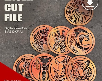 Laser Cut Wooden Coaster African Animal set of 8 with Box SVG DXF AI