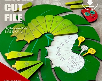 Laser Cut Wooden Counting Caterpillar on Leaf Puzzle SVG DXF AI
