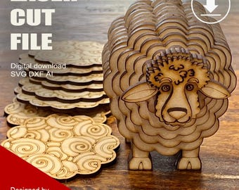 Laser Cut Wooden Sheep Holder with 8 different wooly coasters SVG DXF AI