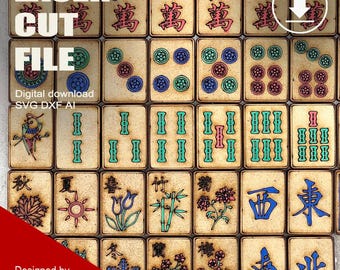 Laser Cut Wooden Game Mahjong Tiles SVG DXF AI