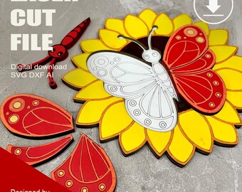 Laser Cut Wooden Butterfly on Sunflower Puzzle SVG DXF AI