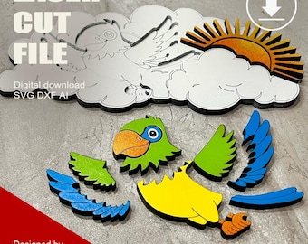 Laser Cut Wooden Parrot Puzzle with different cutting options SVG DXF AI
