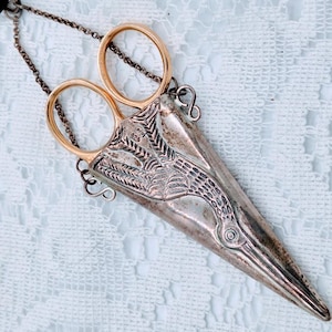 REO 925 Sterling Silver Chatelaine Sewing Set Victorian Repoussé Crane Stork Scissors, Matching Scabbard Case, and Chatelaine Chain