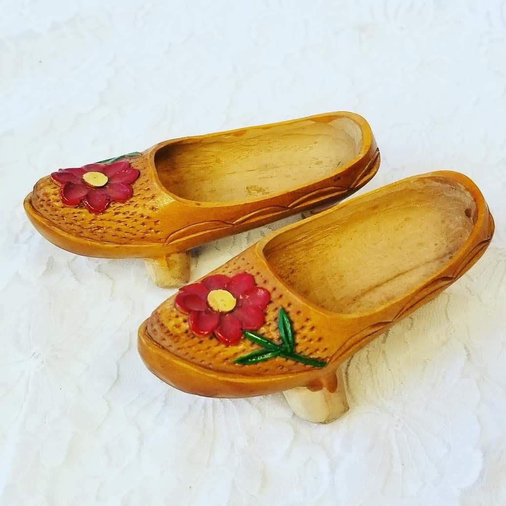 Handmade Wooden Carved Chinese Asian Shoes Wood Carved Child's or