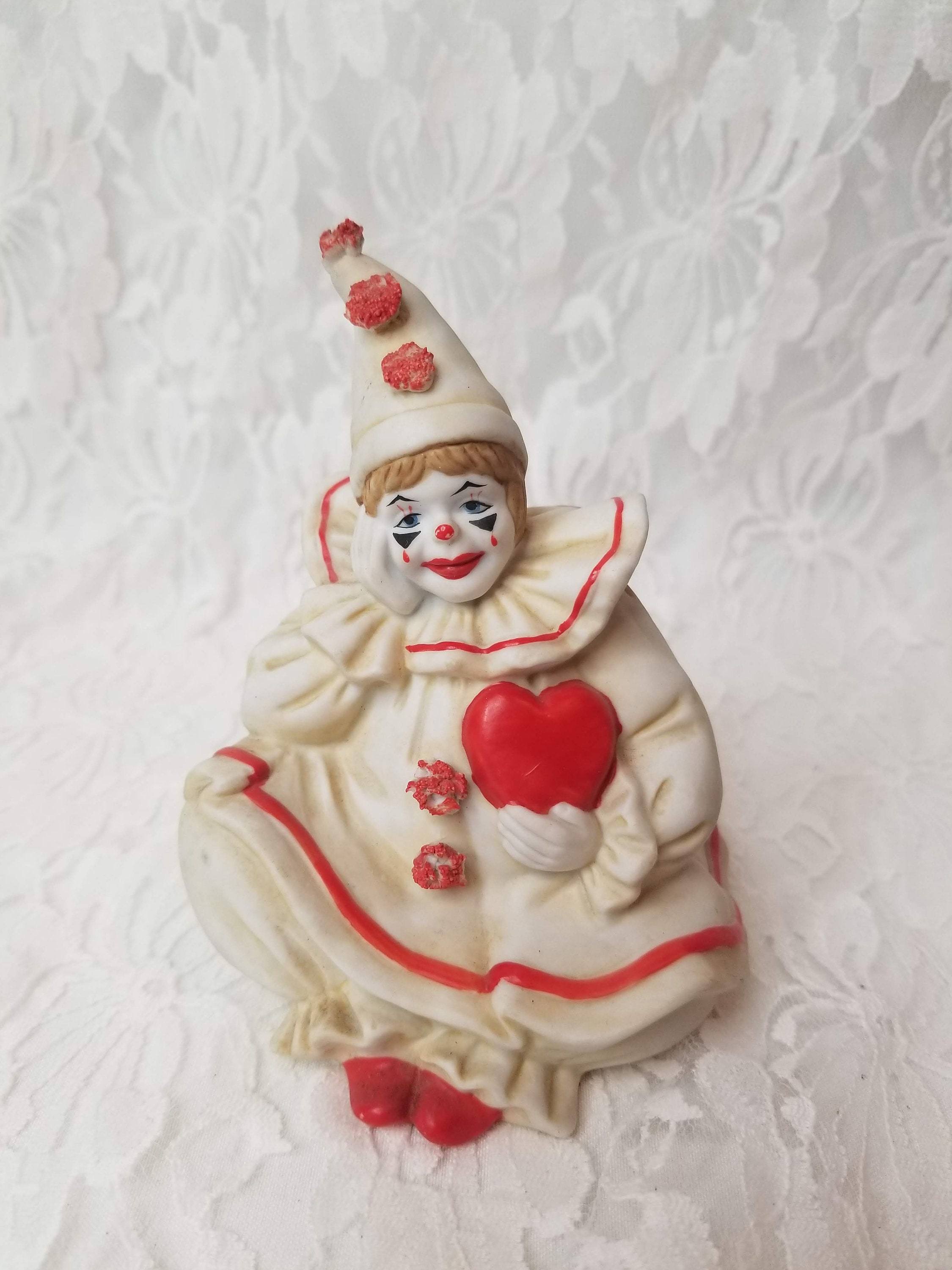 Creepy Vintage Beautiful Valentine Pom Pom the Clown Holding His Heart