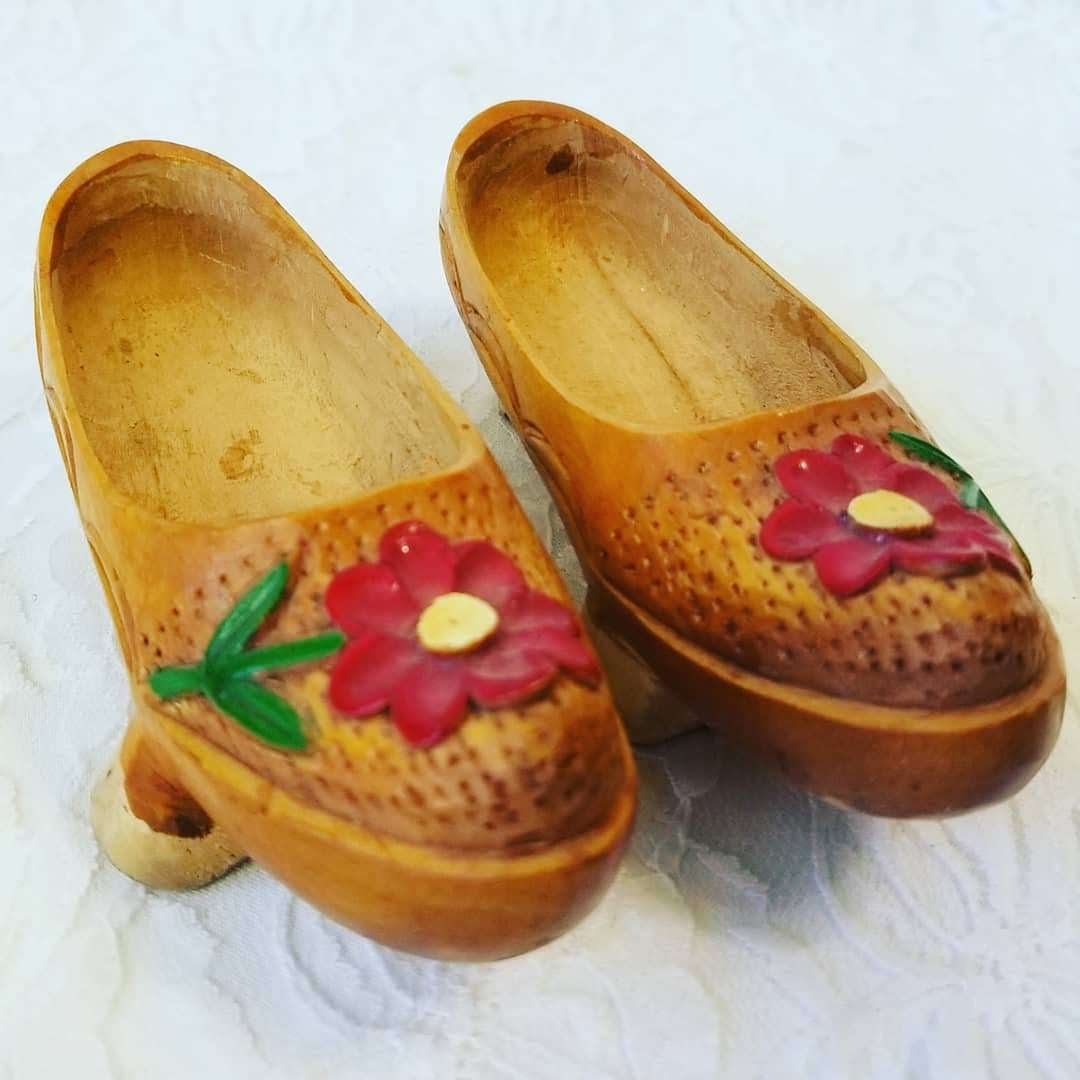 Handmade Wooden Carved Chinese Asian Shoes Wood Carved Child's or