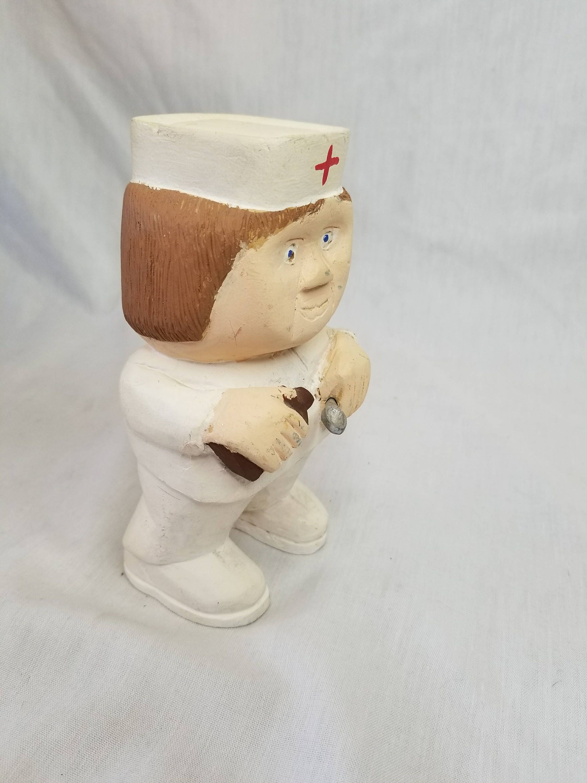 Vintage WOODEN Wood HANDMADE Hand Carved OOAK Nurse Nursing Statue