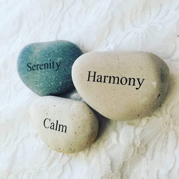 Set of Three (3) Engraved Meditation Stones for the Garden or Reiki Healing ~ Serenity, Harmony, Calm