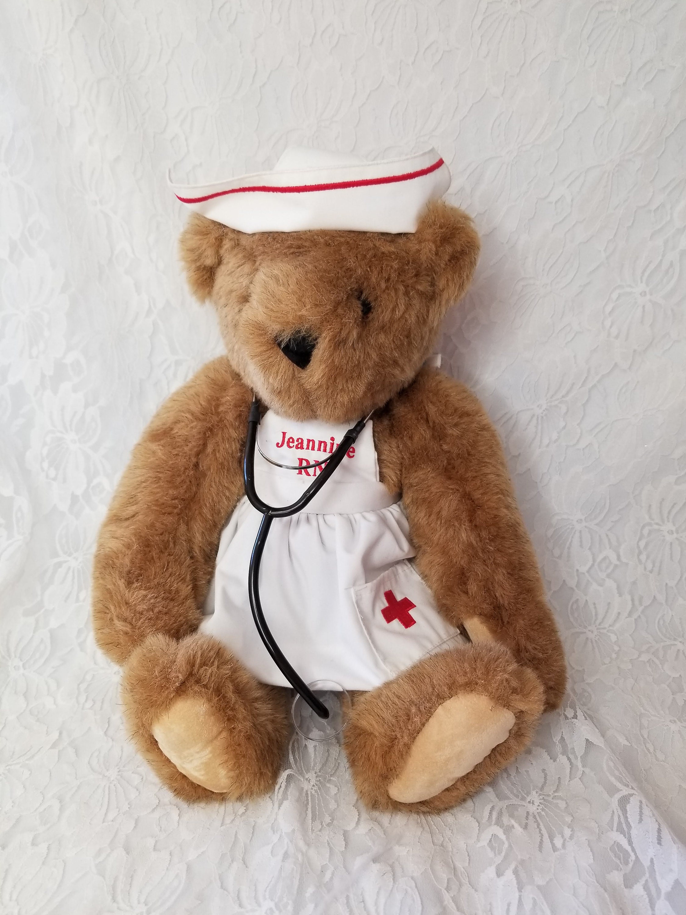 Nurse Jeannine RN ~ Vintage Nurse Bear with Stethoscope ~ Collectible Fancy Jointed Bear ~ 18