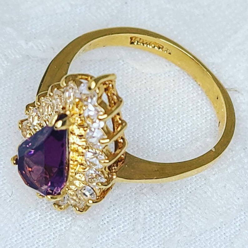 Amethyst and Rhinestone Teardrop Gold Plated Fashion Ring ~ Size 7 ~ Psychic Guidance