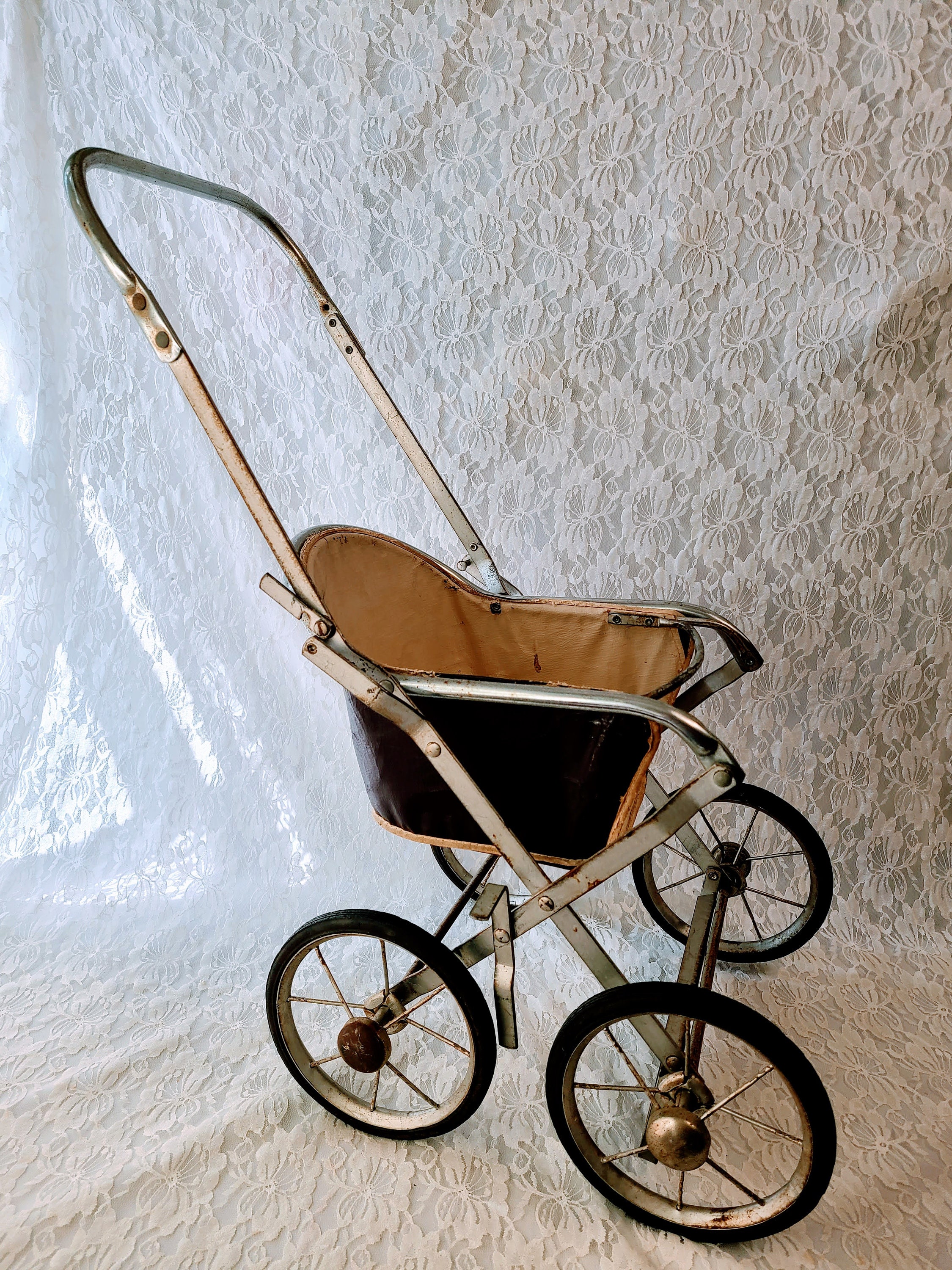 Large Antique 1950s Metal Doll Stroller Carriage Pram Foldable Frame 25 for Composition