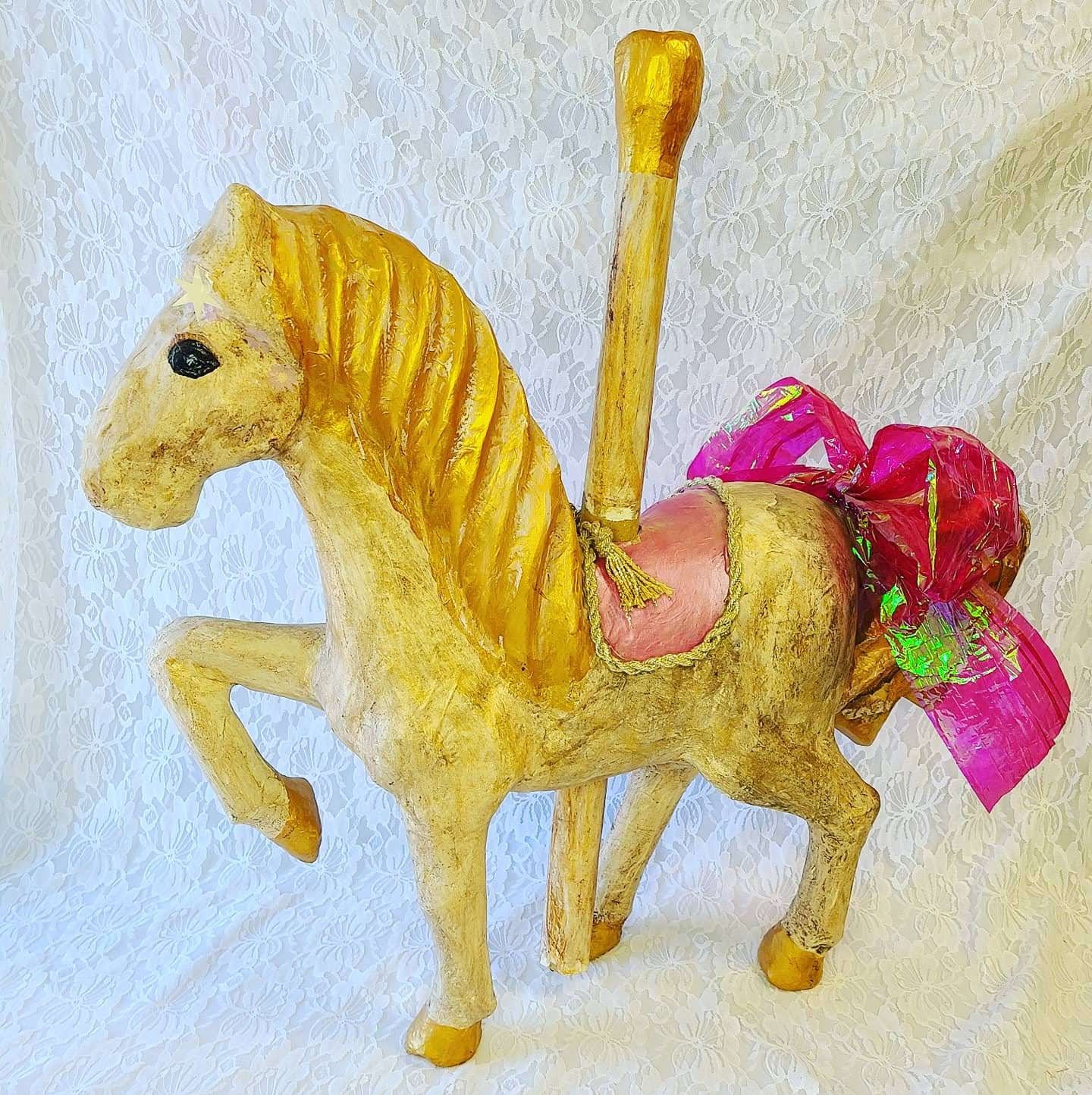 HUGE Vintage Paper Mache Carousel Horse Home Decor Gold and Pink