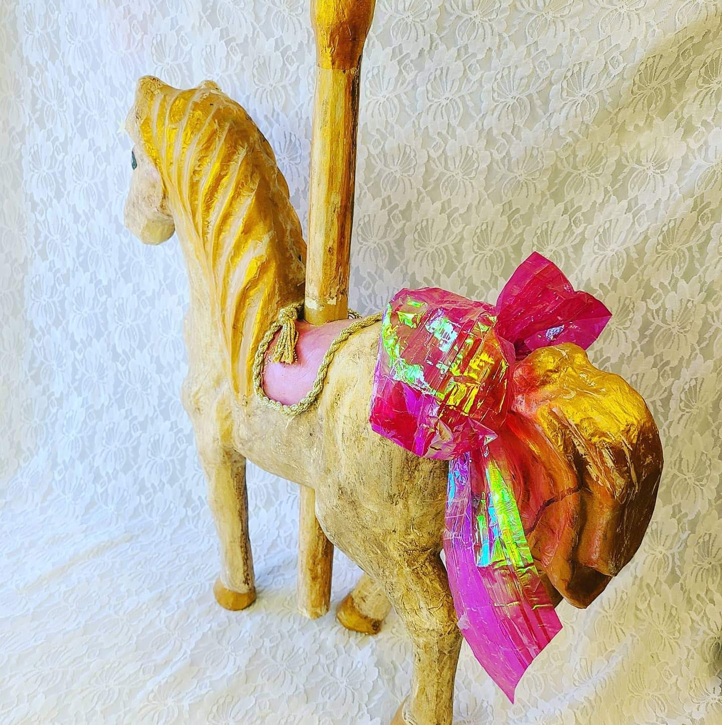 HUGE Vintage Paper Mache Carousel Horse Home Decor Gold and Pink
