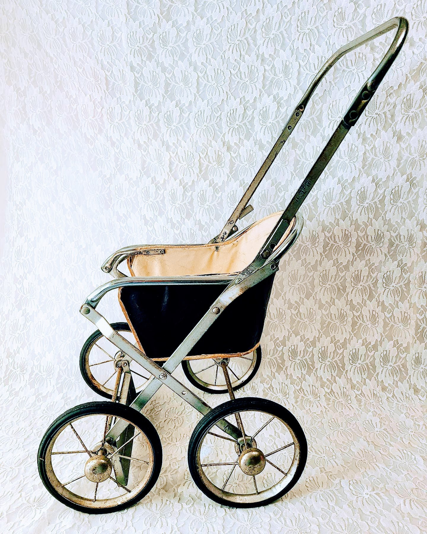 Large Antique 1950s Metal Doll Stroller Carriage Pram Foldable Frame