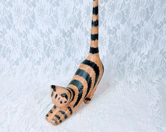 OOAK Hand Painted Wooden Folk Art Cat ~ Laying Down Kitty Kat Statue with Long Tail ~ Ringholder? Sold As-Is
