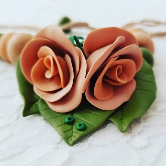 Wearable Art Necklace OOAK Polymer Clay Rose Necklace: 3D Pink & Green Floral Silk Lariat Amazing Artwork to Wear