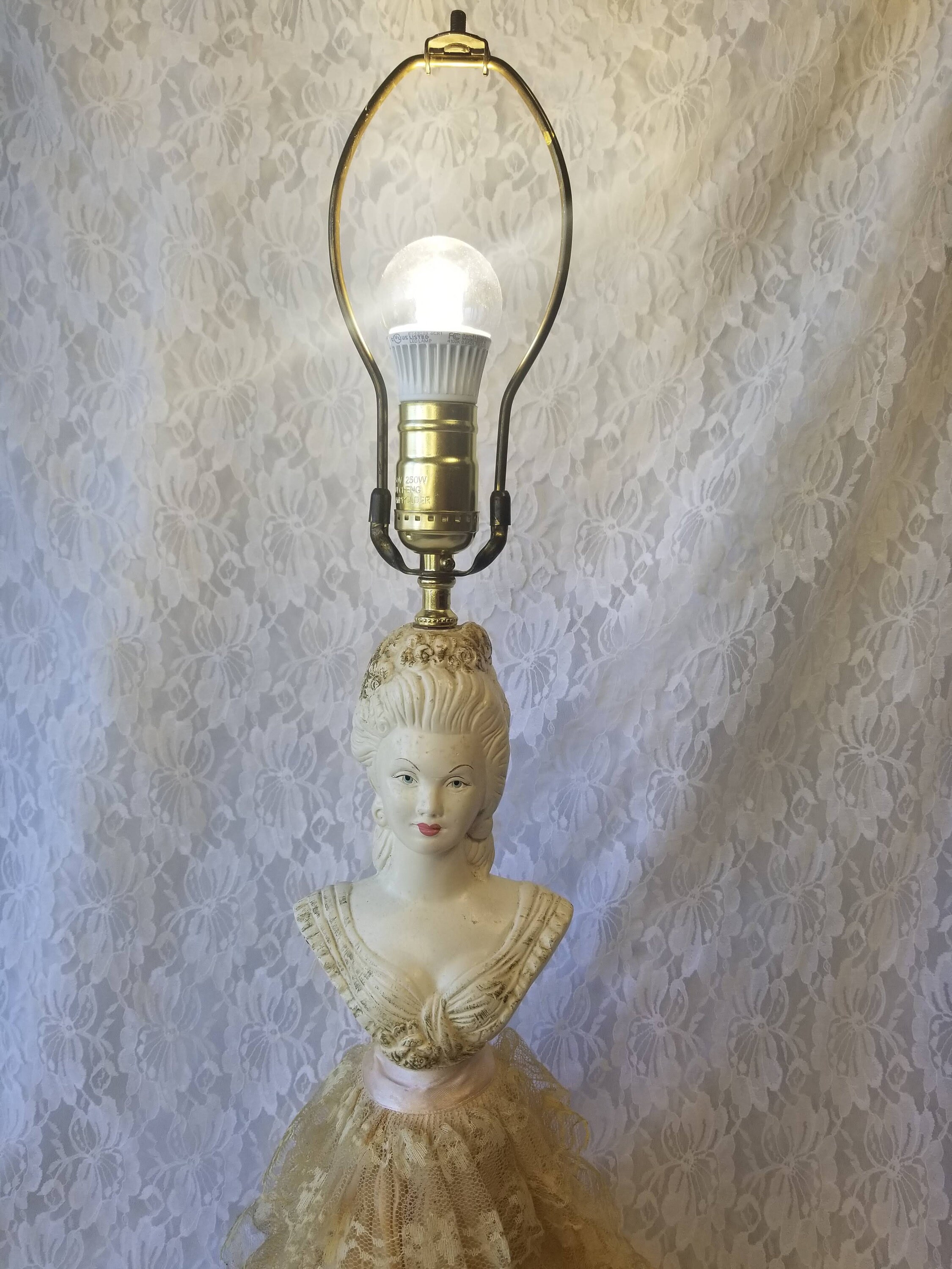 Antique French Doll Lamp Chalkware Plaster Lady Wearing Silk Lace 87 49 124 99