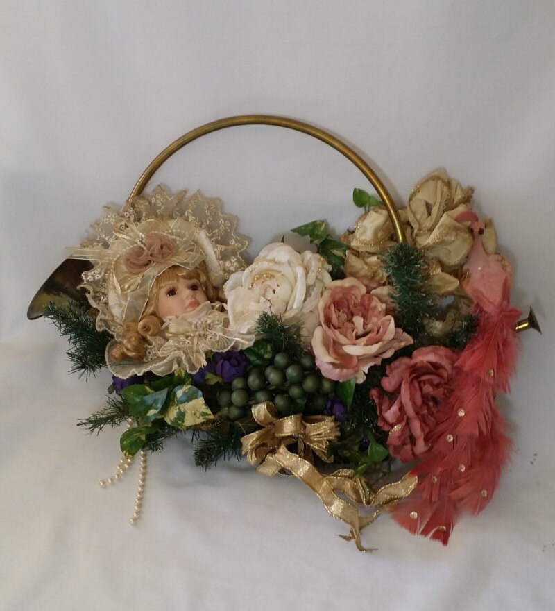 Victorian Roses Doll Face French Horn Wreath Pink Bird Accent Victorian Roses Doll Face French Horn Wreath Pink Bird Accent Valentine S Day Decor Country Chic Shabby