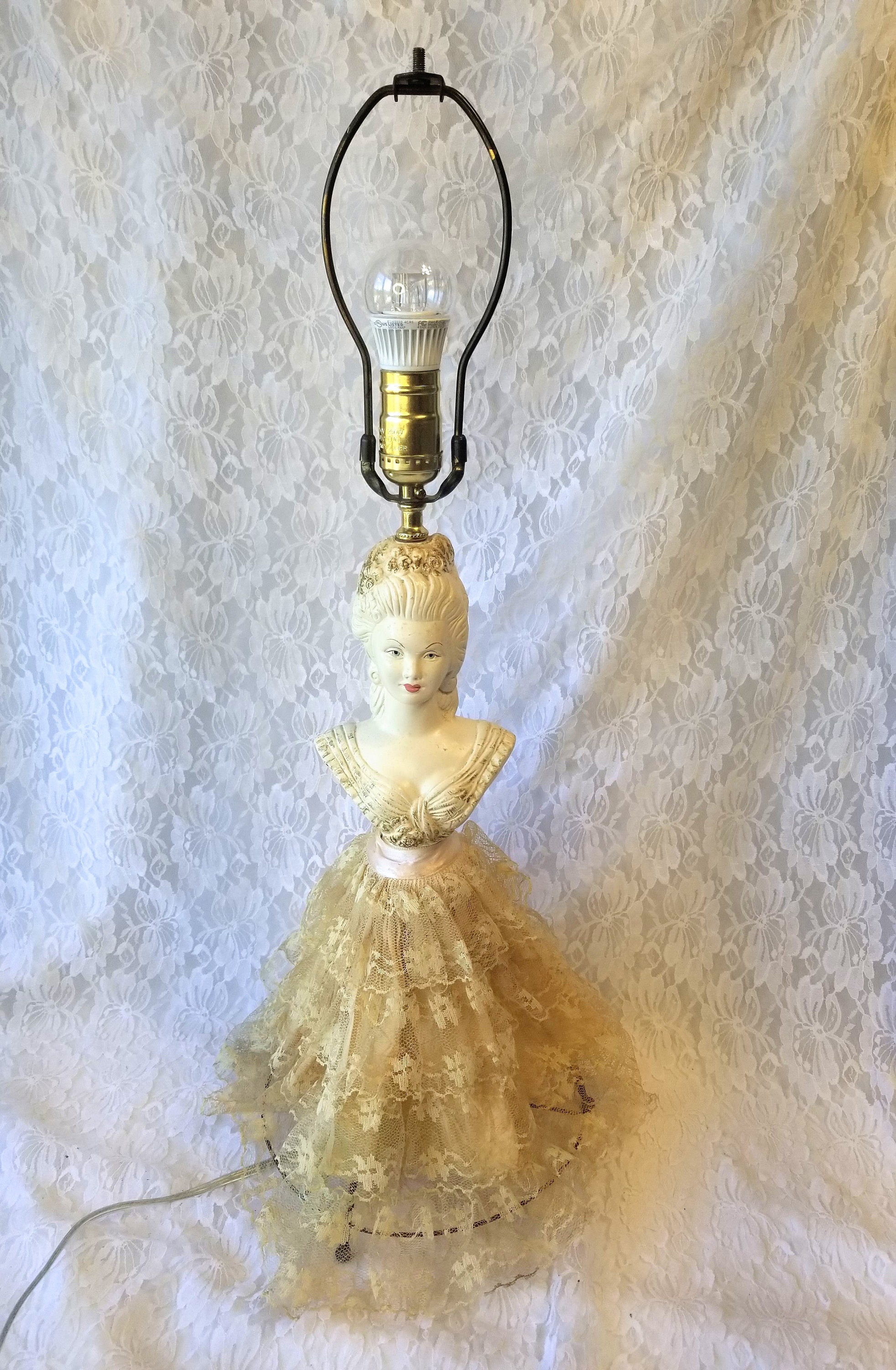 Antique French Doll Lamp Chalkware Plaster Lady Wearing Silk Lace Gallery Photo