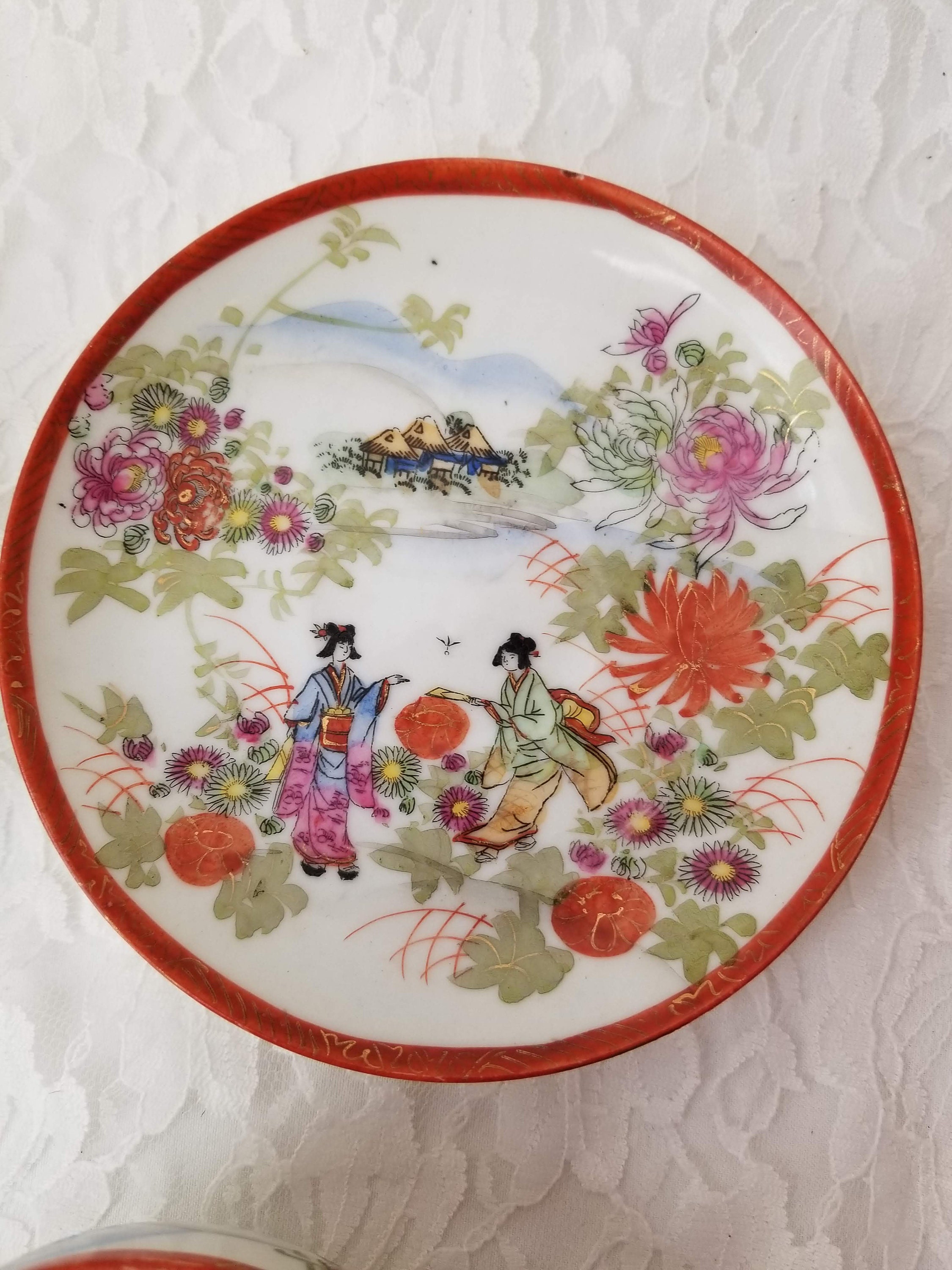Set of 2 Hand Painted Geisha Girls Mid Century Eggshell Porcelain