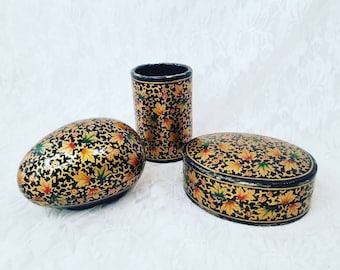 Vintage Hand Painted Persian Kashmir Paper Mache Lacquer Cup and Trinket Box Desk Set ~ Intricate Hand Painted Design ~ RARE Great Condition