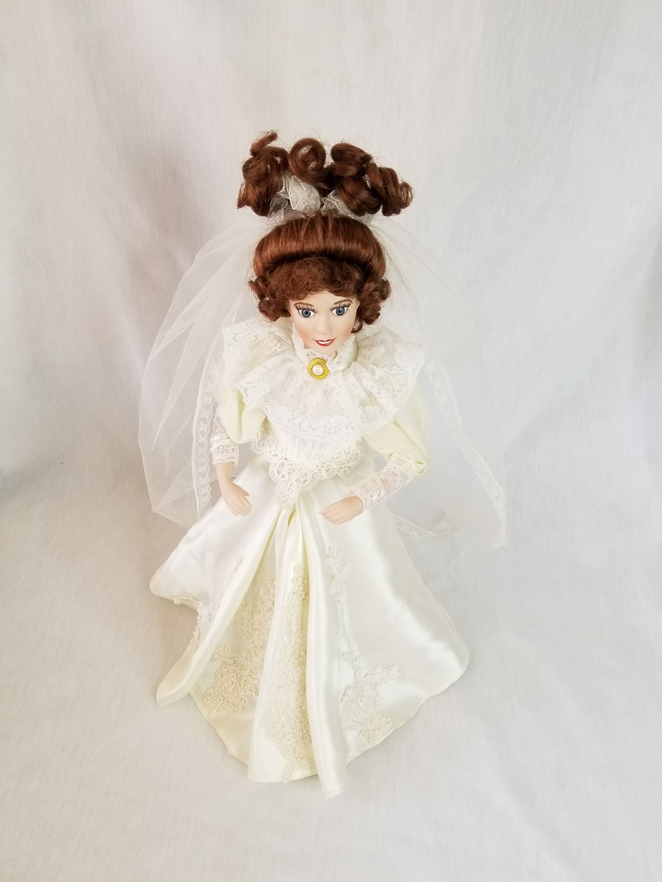 Vintage Porcelain Victorian Bride Doll In 1890s Style Gown 17