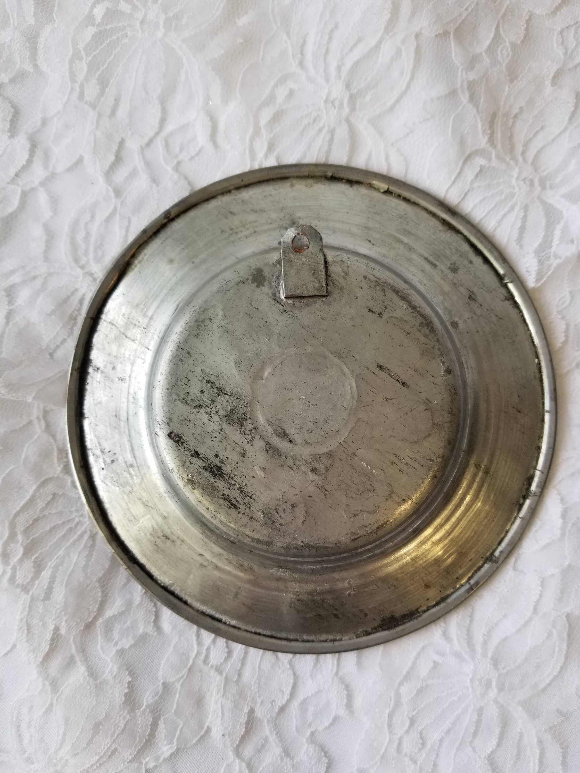 Decorative Plate Handmade Carved Copper over Tin? Pewter? Heavy