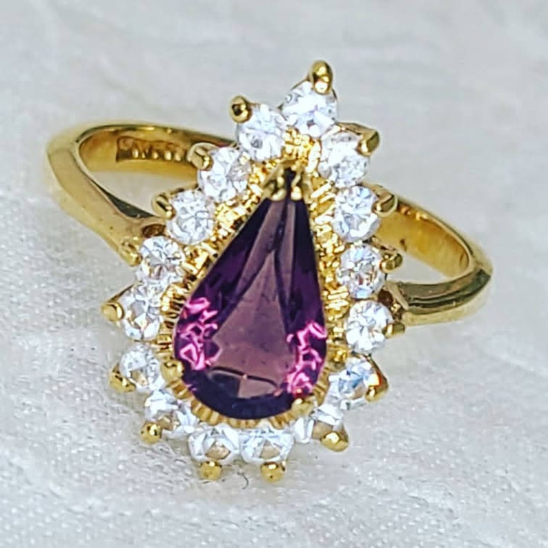 Amethyst and Rhinestone Teardrop Gold Plated Fashion Ring ~ Size 7 ~ Psychic Guidance