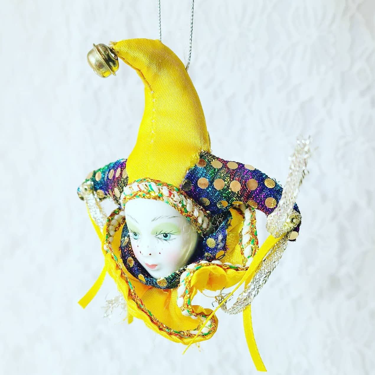 Vintage Gold Porcelain Doll Head Ornament Harlequin Jester