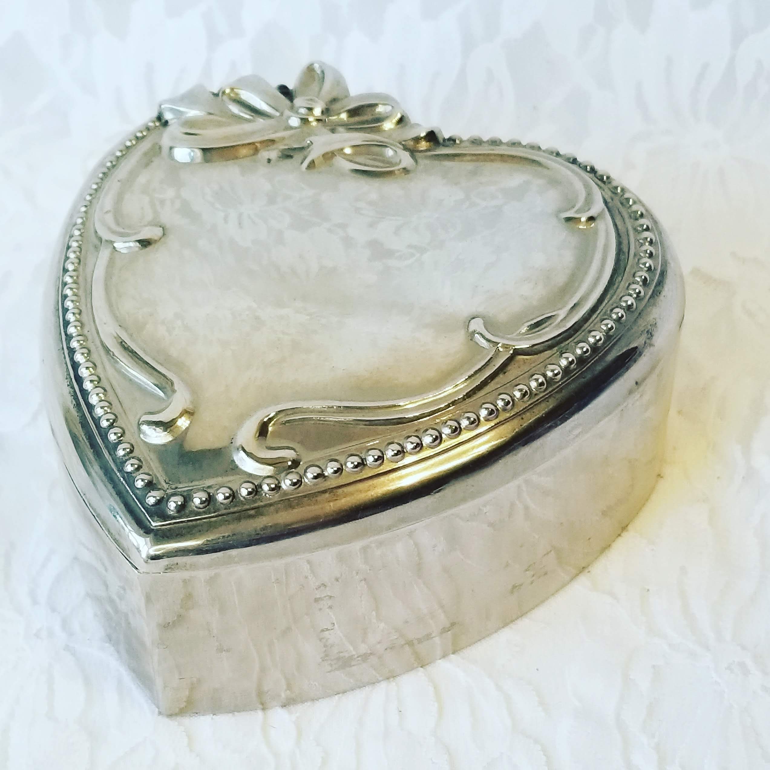 Heart Shaped Silver Plate Trinket Box Velvet Lined Jewelry Box