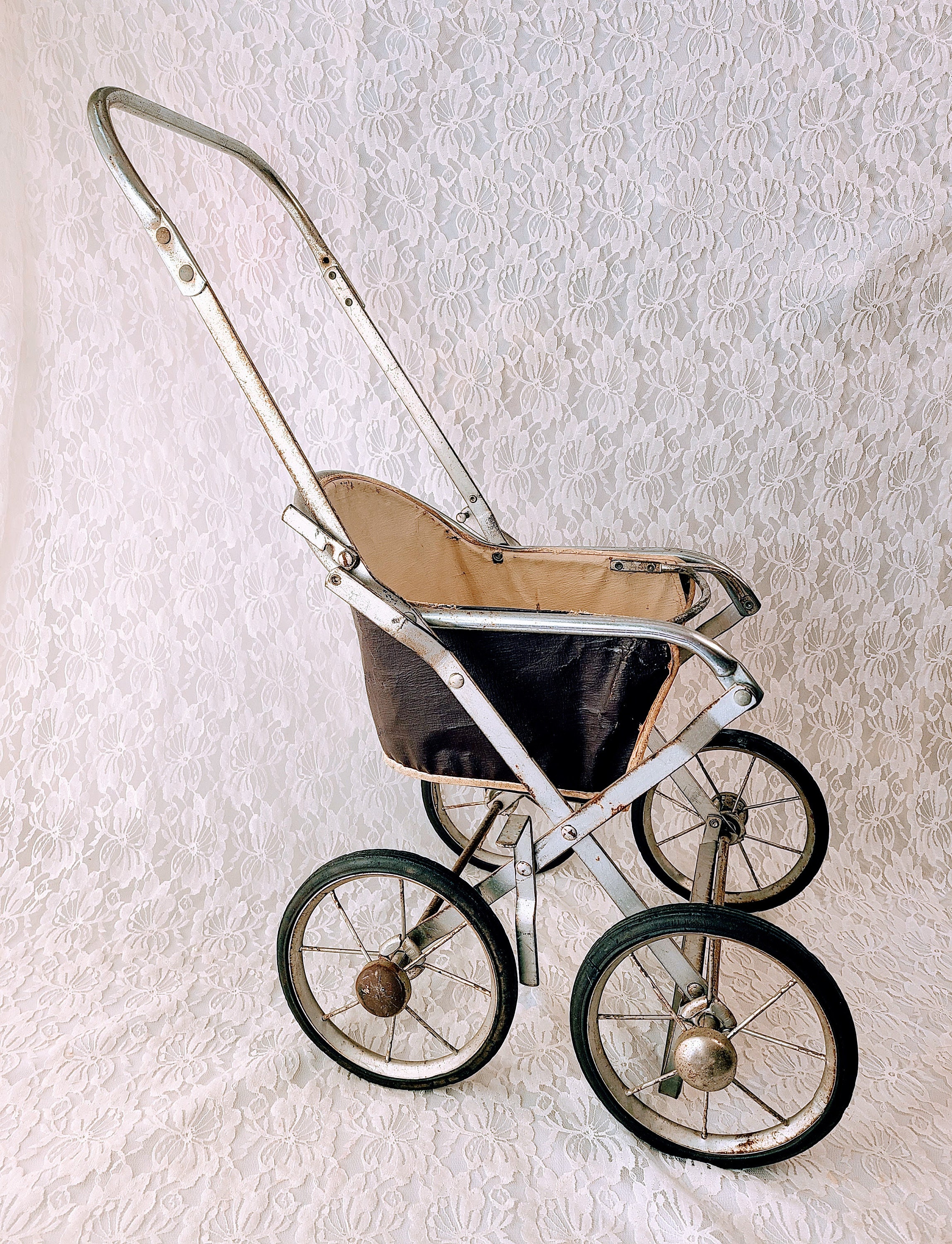 Large Antique 1950s Metal Doll Stroller Carriage Pram Foldable Frame