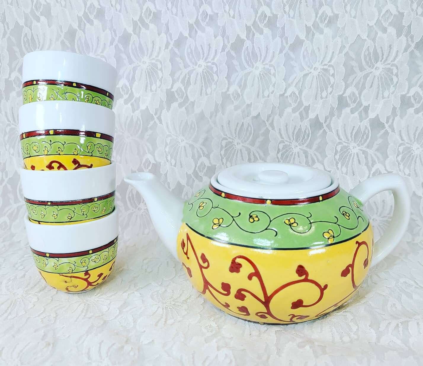 Vintage Pier One Imports Tea Set With Tea Pot And Four Cups Etsy