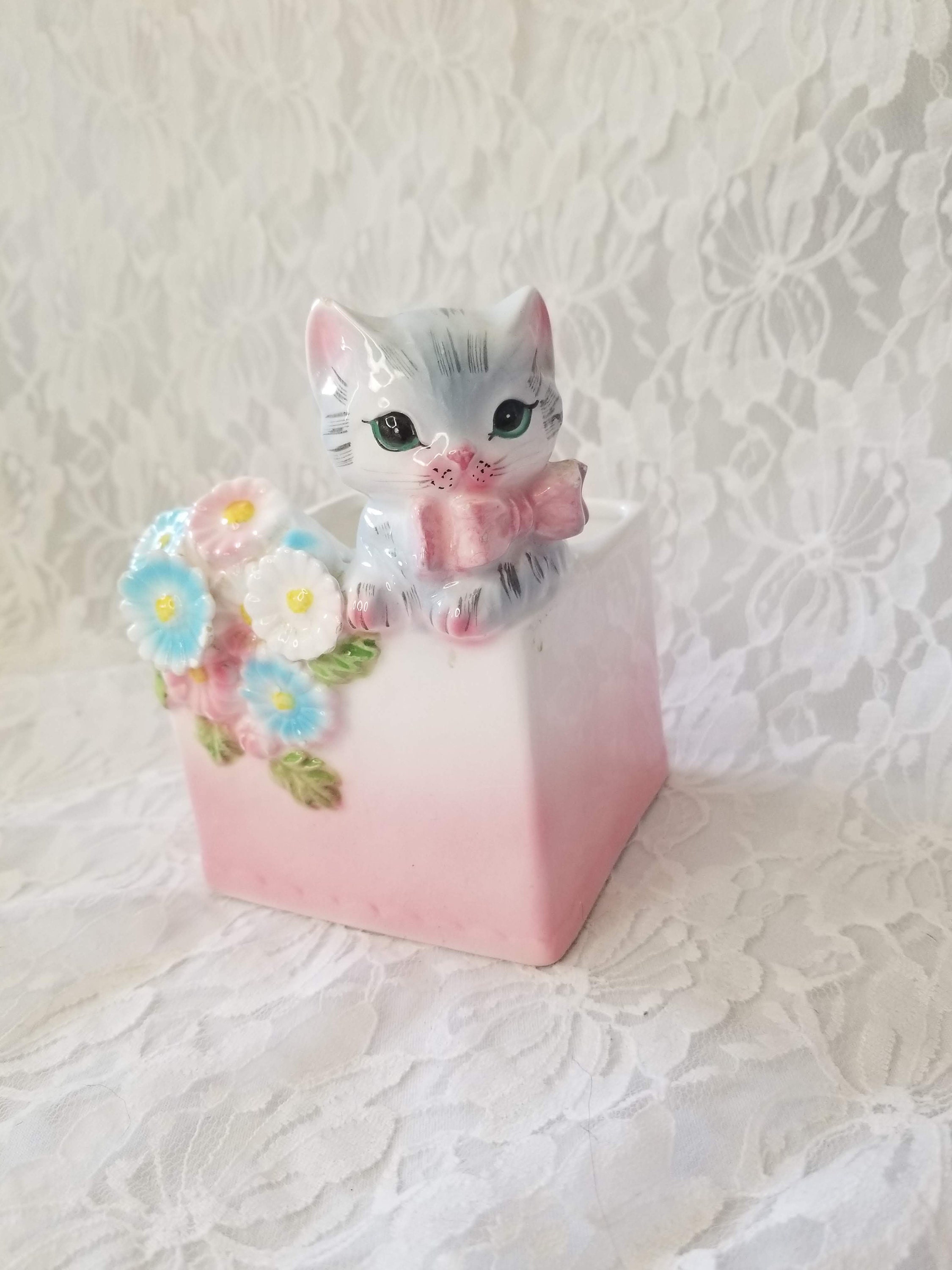 Mid Century Cat Vase or Planter Pink Kitty Cat with Flowers MCM