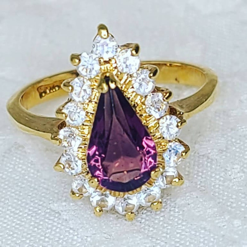Amethyst and Rhinestone Teardrop Gold Plated Fashion Ring ~ Size 7 ~ Psychic Guidance