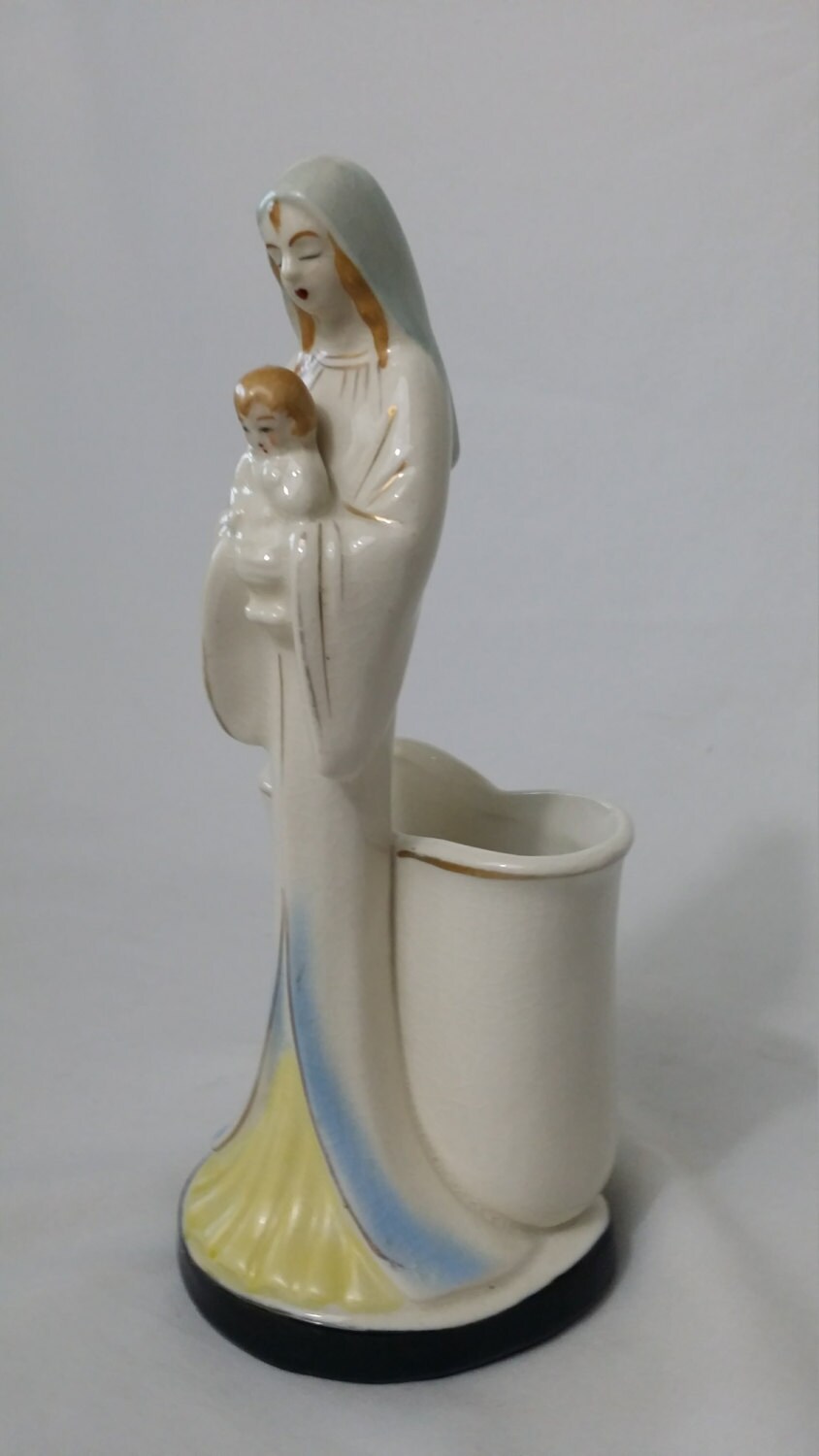 1936 Virgin Mary & Jesus White Ceramic Small Vase 7.5 ART DECO