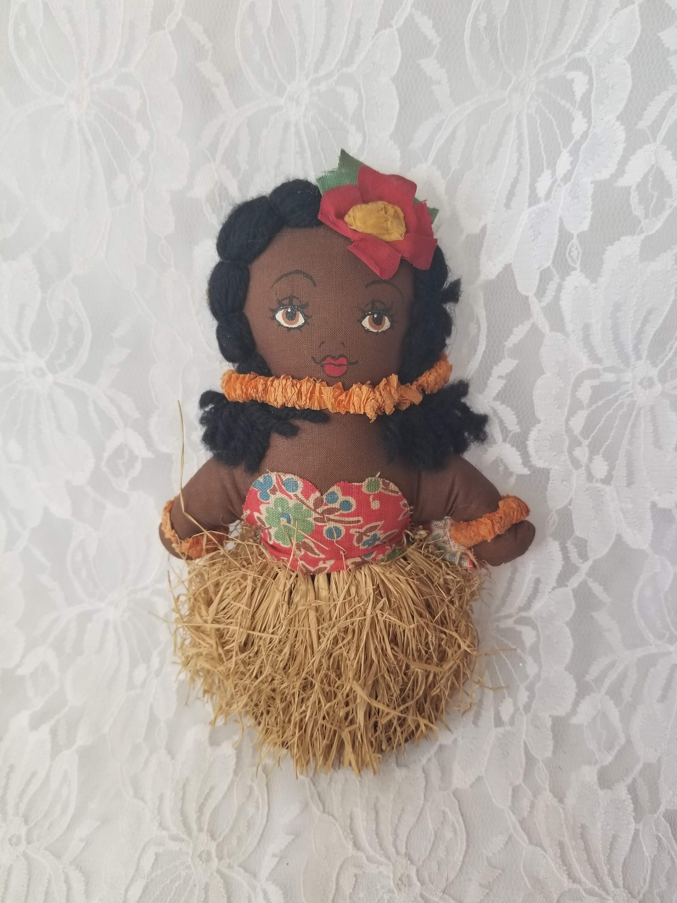 Vintage 1960s Handmade Cloth Hawaiian Hawaii Doll 7 Vintage Hawaiian Doll Real Grass Skirt Crepe Lei Collectible Doll
