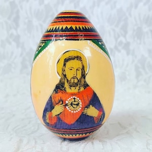 RARE! Vintage Russian Orthodox Wooden Egg Hand Painted Virgin Mary on One Side and Jesus on The Other Side  3.5” high Moscow