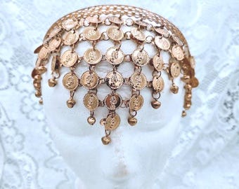 Tocado estilo Cleopatra ~ Tocado vintage con monedas de oro – Tocado para danza del vientre con monedas y cascabeles colgantes
