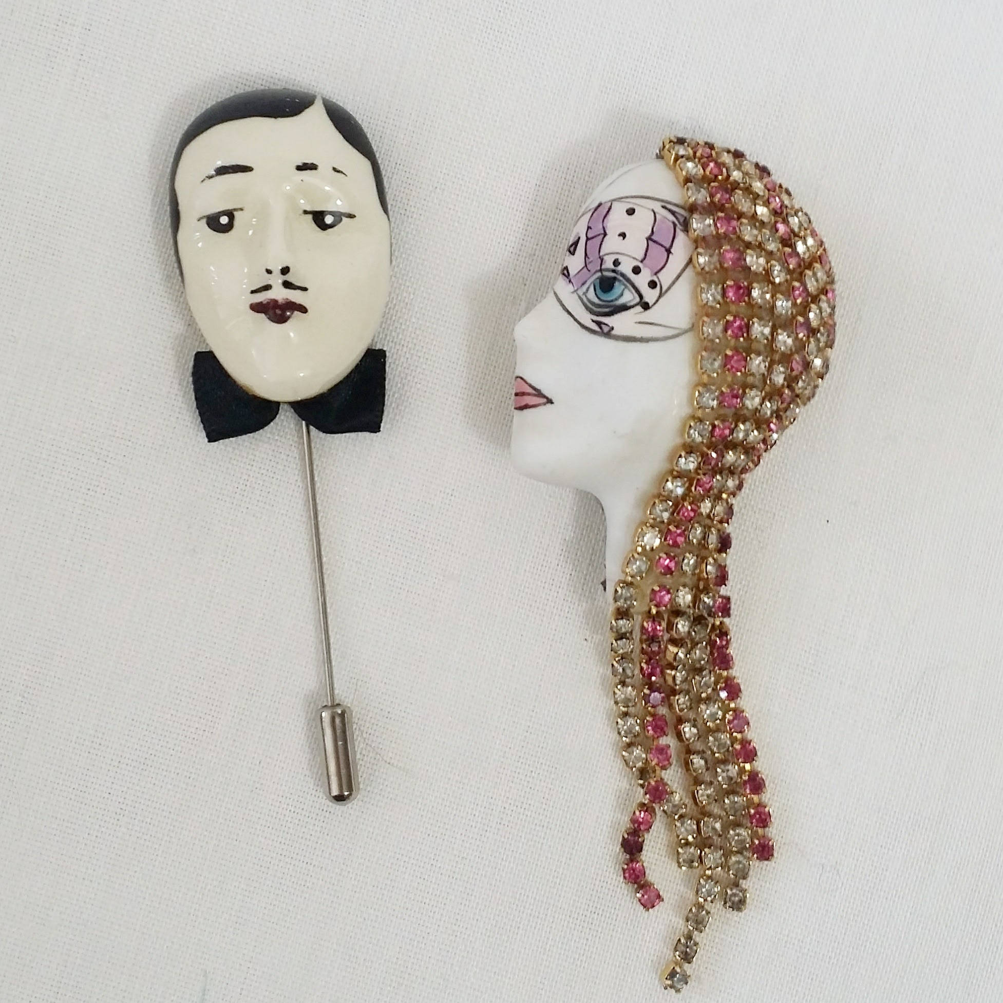 Stunning Pair of Vintage Art Deco Style Lapel Pins Flapper Girl Brooch and Dapper Man Stick