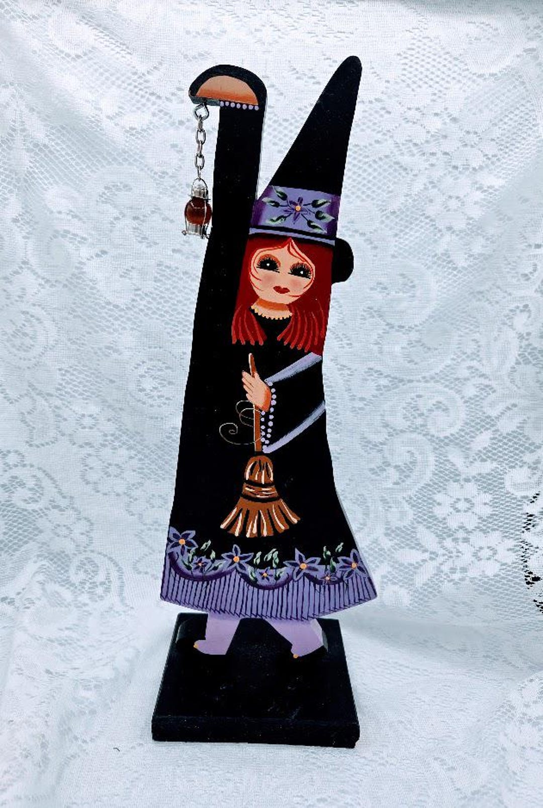 OOAK Hand-painted Wooden Witch Decor ~ 16.5" Tall Folk Art Halloween ...