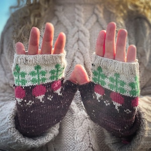 May include: A pair of brown and white fingerless gloves with a green and red pattern. The gloves have a brown and white knit design with a green and red pattern of leaves and berries.