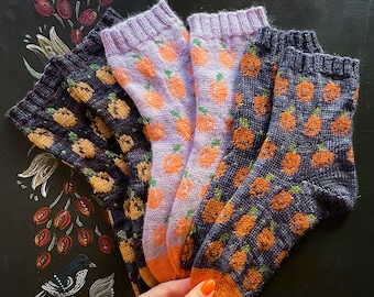 ARTÍCULO DIGITAL Instrucciones de tejido del conjunto de calcetines Just Peachy Pumpkins